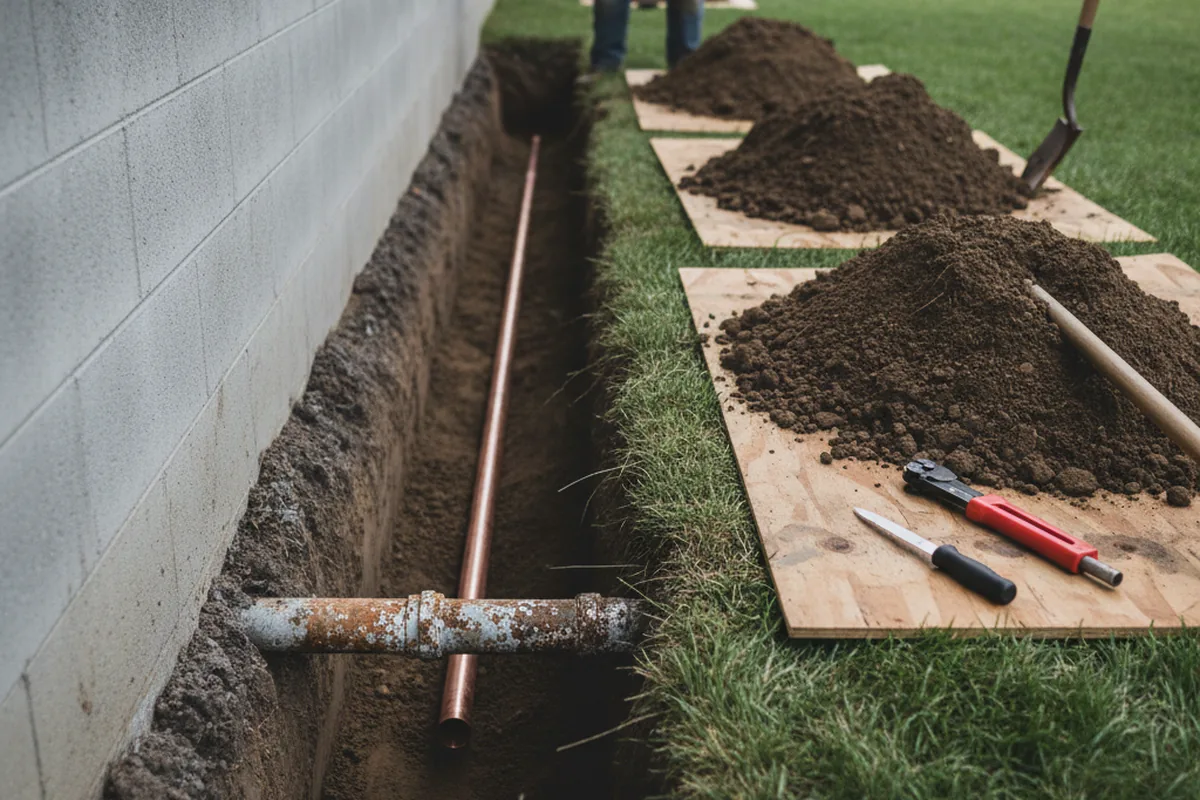 Excavated water line trench during Water Heater Repair in Von Ormy